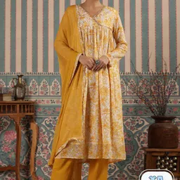 Readiprint Fashions Floral Printed Empire Pure Cotton Kurta With Palazzos & Dupatta-picture-12