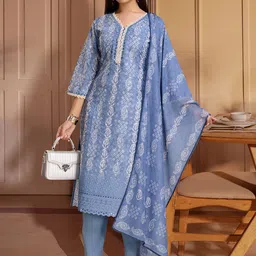 House of Pataudi Printed Pure Cotton  Kurta & Trousers With Dupatta-picture-29