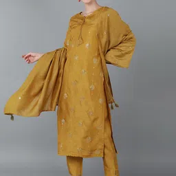 KALINI Floral Embroidered Tie-Up Neck Sequinned Straight Kurta With Trousers & Dupatta-picture-42