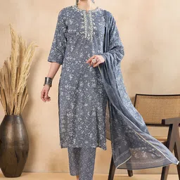 Anouk Grey Floral Printed Regular Thread Work Pure Cotton Kurta With Trousers & Dupatta-image-57