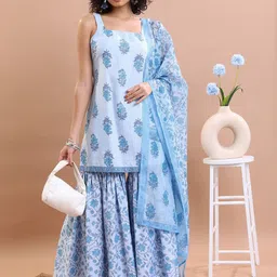 Vishudh Blue Floral Printed Top With Sharara & Dupatta-image-79