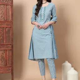 Yufta Blue Ethnic Motifs Embroidered Pure Cotton Straight Kurta With Trousers & Dupatta-image-33
