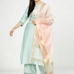 Vishudh Women Sea Green & Peach Coloured Floral Embroidered Kurta With Trousers & Dupatta-picture-18