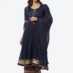 Biba Women Plus Size Navy Blue Floral Embroidered Gotta Patti Kurta with Palazzos & Dupatta-image-54