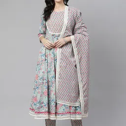 Divena Women Floral Printed Sequinned Pure Cotton Anarkali Kurta with Trousers & Dupatta-image-95