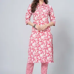 JAHIDA COMFORT WITH STYLE Floral Printed Shirt Collar Pure Cotton Kurta With Trousers-picture-28