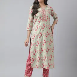 Kiana House Of Fashion Floral Printed Zari Pure Cotton Kurta with Trousers-picture-10