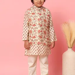 Readiprint Fashions Boys Ethnic Motifs Printed Cotton Kurta With Pyjama & Nehru Jacket-image-89