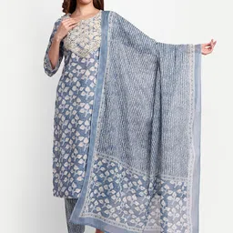 NH KAPDEWALA Regular Thread Work Pure Cotton Kurti with Trousers & Dupatta image 1