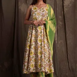 mokshi Yellow & Green Floral Printed Pure Cotton Anarkali Kurta With Palazzos & Dupatta-picture-39