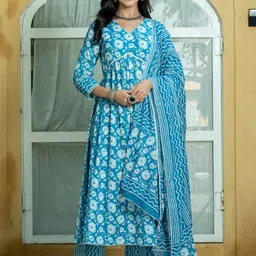 Kohsh Floral Printed Gotta Patti Pure Cotton A-Line Kurta With Palazzos & Dupatta-image-31