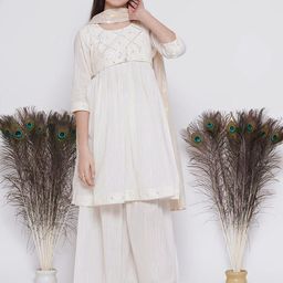 Little Bansi Girls Mirror Work Embroidered Pure Cotton Kurta With Sharara & Dupatta-picture-25