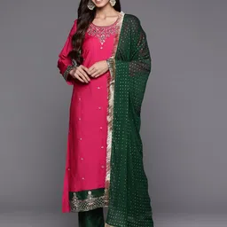 Varanga Ethnic Motifs Embroidered Straight Kurta & Trousers With Dupatta-image-56