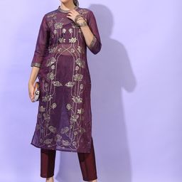 Vishudh Women Burgundy Floral Embroidered Chanderi Straight Kurta With Inner and Trousers-picture-26