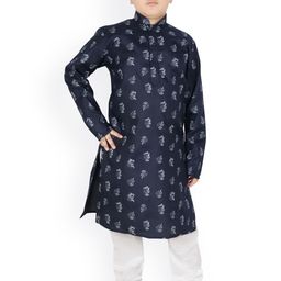 SG YUVRAJ Boys Navy Blue Ethnic Motifs Printed Pure Cotton Kurta with Churidar-picture-3