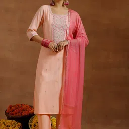 Gerua By Libas Floral Yoke Design Regular Sequinned Straight Kurta With Trousers & Dupatta-image-87