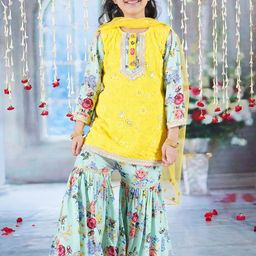 Little Bansi Girls Floral Embroidered Pure Cotton A-Line Kurta With Sharara & Dupatta-picture-3
