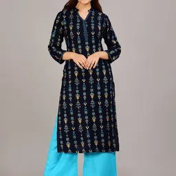 SAK JAIPUR Floral Printed Mandarin Collar Straight Kurta with Trousers-picture-25