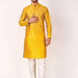 Koshin Embroidered Mandarin Collar Regular Mirror Work Straight Kurta with Pyjamas-image-40