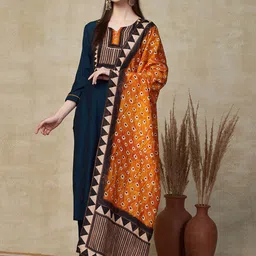 FASHOR Women Printed Regular Kantha Work Kurta with Trousers & With Dupatta-image-84