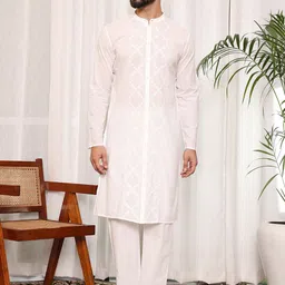 House of Pataudi Chikankari Embroidered Pure Cotton Mandarin Collar Kurta With Trousers-picture-26