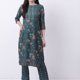 Vishudh Teal & Red Floral Printed Regular Kurta With Palazzos-picture-27