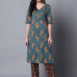 DECKEDUP Paisley Printed Angrakha Sequinned Pure Cotton Kurta with Trousers-image-29