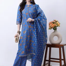 Vishudh Blue & Brown Floral Printed Kurta With Palazzos & Dupatta-image-89