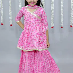 Ka-mee Girls Floral Printed Pure Cotton Kurti with Sharara & Dupatta-picture-22
