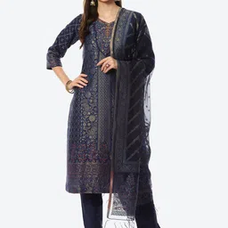 Biba Women Blue Ethnic Motifs Printed Kurta with Trousers & With Dupatta-image-12