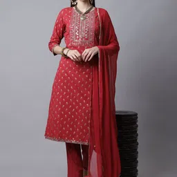 Rajnandini Women Maroon Floral Embroidered Sequinned Pure Cotton Kurta with Trousers & With Dupatta-picture-18