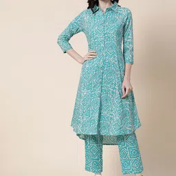 FASHOR Sea Green Printed Panelled Pure Cotton Kurta with Trousers-picture-38