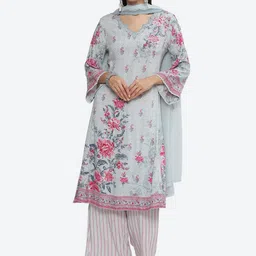Biba Floral Printed Thread Work A-Line Kurta with Palazzos & Dupatta-picture-26