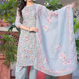 Label Khoj Floral Printed Thread Work Straight Linen Kurta With Trousers & Dupatta-picture-17