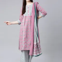 Samhitas Women Floral Printed Regular Pure Cotton Kurta with Palazzos & With Dupatta-image-3