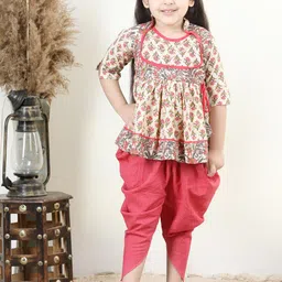 Sangria Girls Floral Printed Pure Cotton Angrakha Kurti With Kantha Dhoti Pants-picture-57