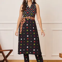 Rustorange Sleeveless Shirt Collar Ethnic Motifs Printed Kurta with Trousers-picture-13