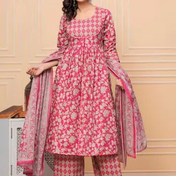 AVYCO Floral Printed Empire Round Neck Pure Cotton Kurta With Palazzos & Dupatta-picture-41