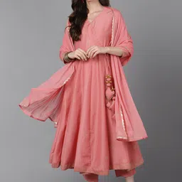 AHIKA Women Pink Floral Printed Angrakha Anarkali Kurta with Trouser With Dupatta-image-60