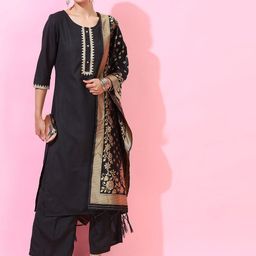 Vishudh Women Black Yoke Design Panelled Kurta with Trousers & With Dupatta-picture-44