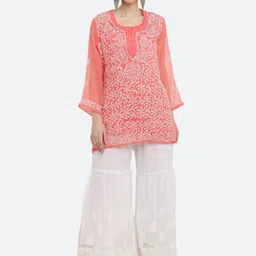 FAWOMENT Ethnic Motifs Embroidered Regular Thread Work Georgette Kurti With Sharara-picture-27