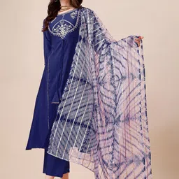 KALINI Ethnic Motifs Yoke Design Thread Work Detail A-Line Kurta & Trouser With Dupatta-picture-15