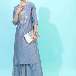 Vishudh Women Blue Striped Kurta with Palazzos-picture-3