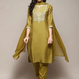 Biba Thread Work Detailed Straight Kurta & Trousers with Dupatta-picture-40