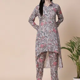 FASHOR Grey Printed High Slit Mirror Work Kurta with Trousers-image-5