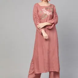 Idalia Women Rose Gold Floral Embroidered Regular Kurta with Palazzos-image-47