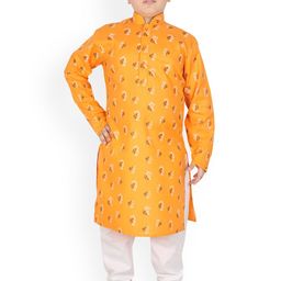 SG YUVRAJ Boys Yellow Printed Pure Cotton Kurta with Churidar-picture-4