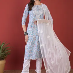 Anouk Floral Printed Round Neck Pure Cotton Straight Kurta with Trousers & Dupatta-picture-20