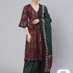 AKS Floral Printed Empire Pure Cotton Kurta with Palazzos & Dupatta-image-6