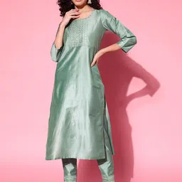 Shae by SASSAFRAS Women Sea Green Embroidered Mirror Work Kurta with Trousers-picture-16